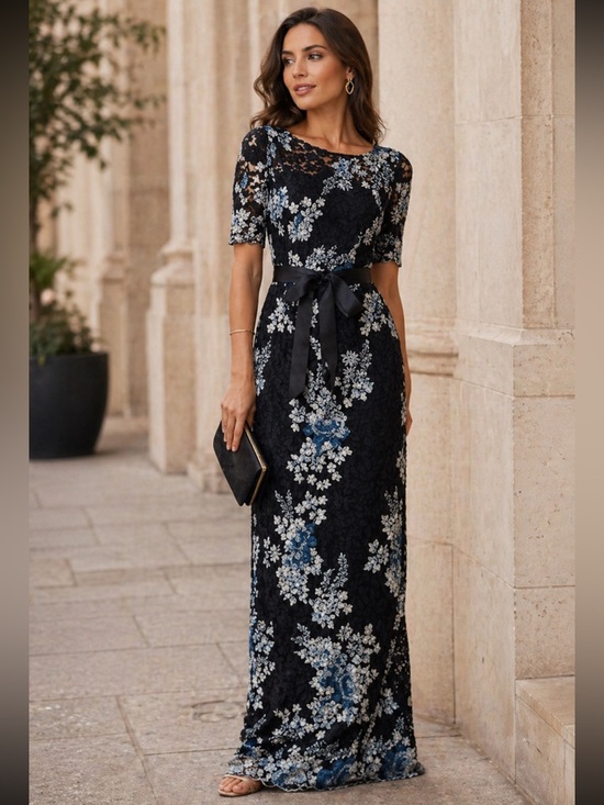 Adrianna Papell Dresses & Skirts - Adrianna Papell Navy Floral Lace Column Maxi Gown Short Sleeve NWT 2